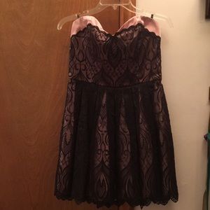 Bebe blush satin and black lace cocktail dress